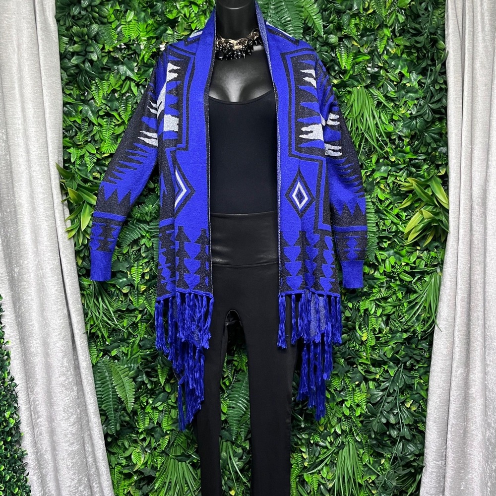 Southwestern Tribal Fringe Cardigan Medium‎ Blue Metallic Open Front Boho 3601
